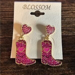 Pink Cowboy Boot Earrings with Heart Accent